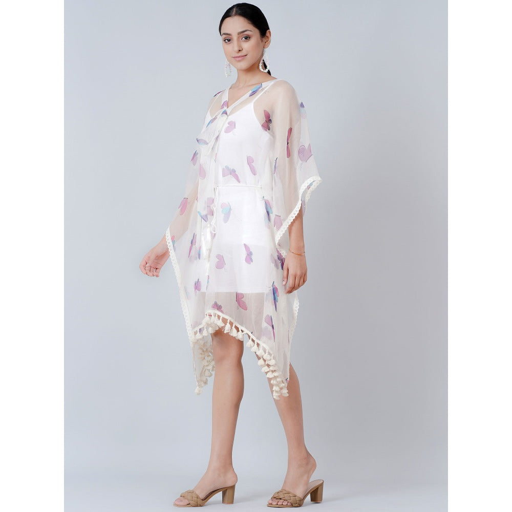 First Resort by Ramola Bachchan White Butterfly Mid Length Kaftan