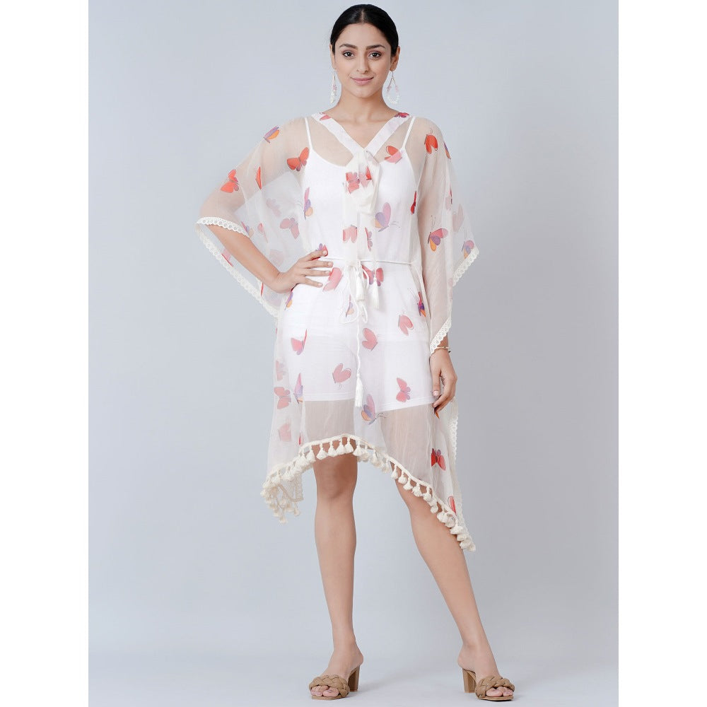 First Resort by Ramola Bachchan White Butterfly Mid Length Kaftan