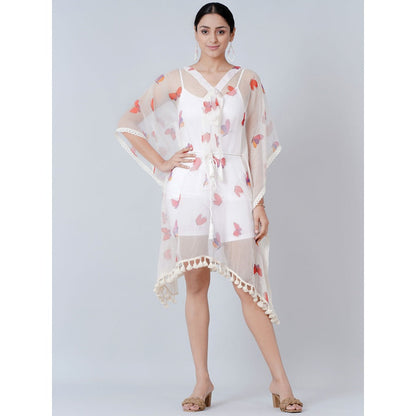 First Resort by Ramola Bachchan White Butterfly Mid Length Kaftan