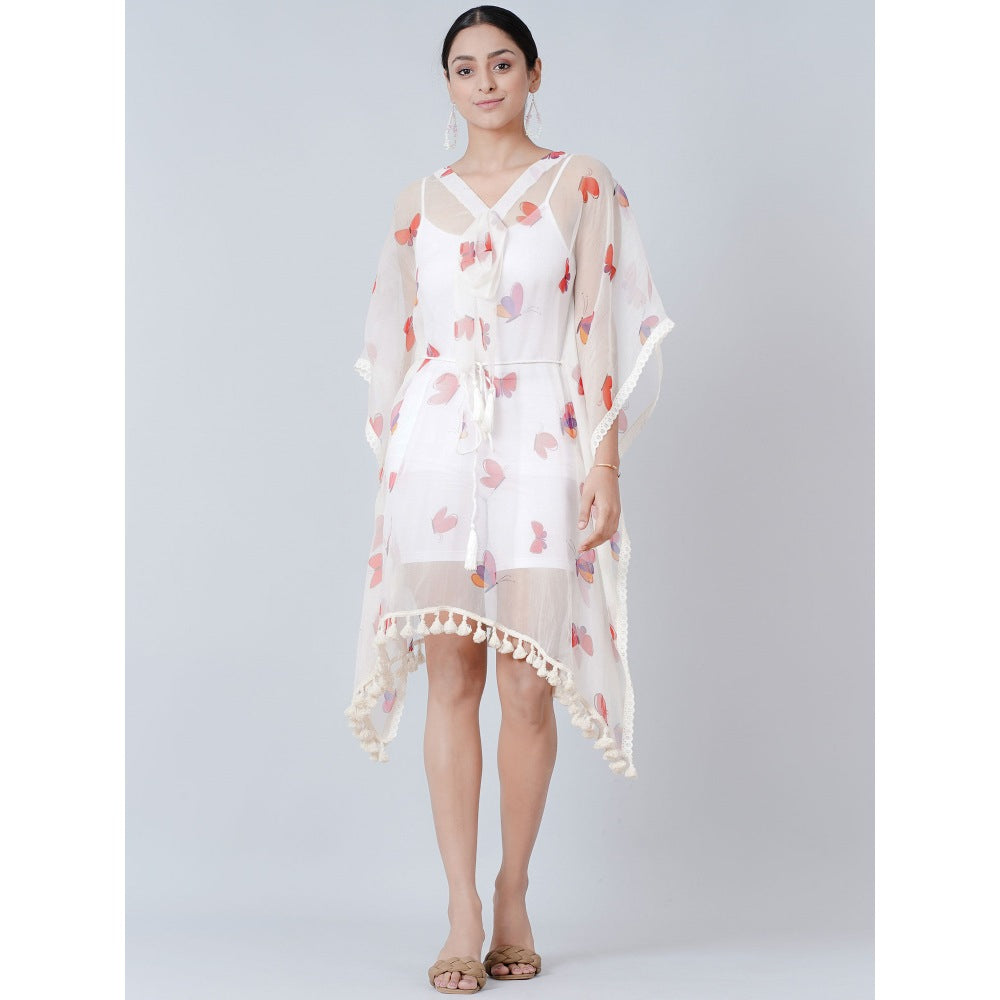 First Resort by Ramola Bachchan White Butterfly Mid Length Kaftan