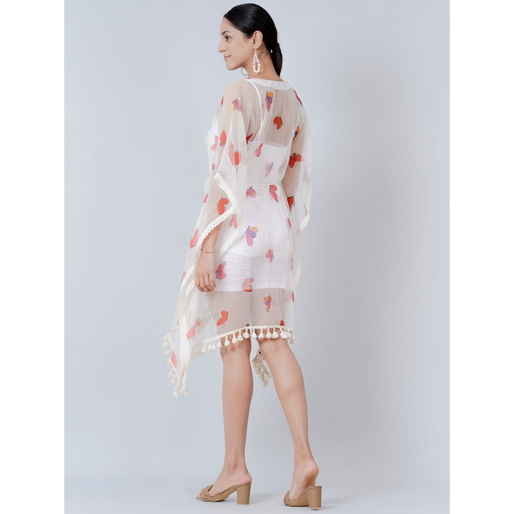 First Resort by Ramola Bachchan White Butterfly Mid Length Kaftan