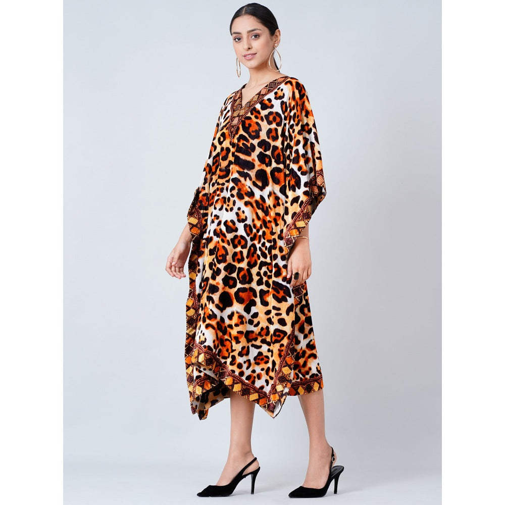 First Resort by Ramola Bachchan Brown Animal Print Silk Velvet Mid Length Kaftan