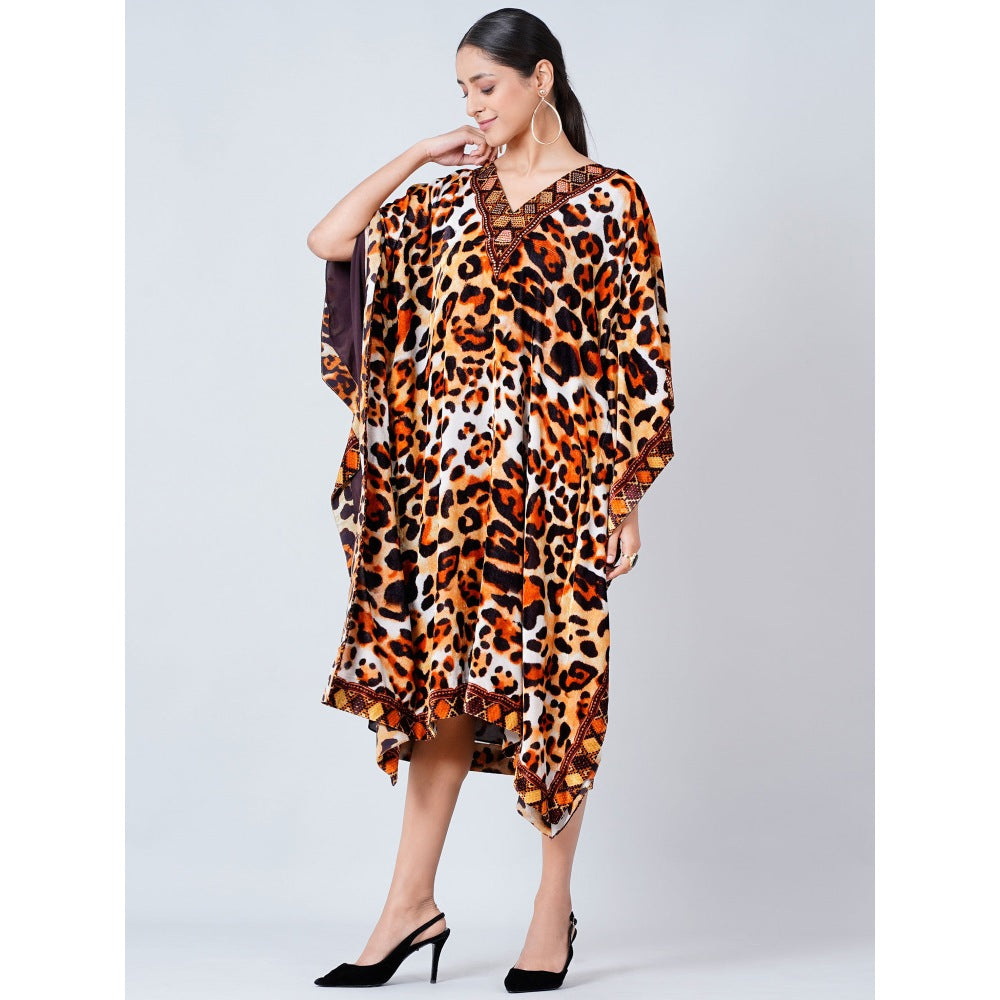 First Resort by Ramola Bachchan Brown Animal Print Silk Velvet Mid Length Kaftan