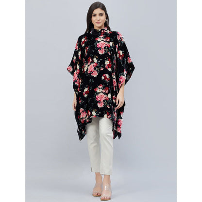 First Resort by Ramola Bachchan Black and Red Floral Crystal Studded Silk Velvet Tunic