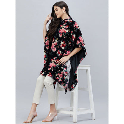 First Resort by Ramola Bachchan Black and Red Floral Crystal Studded Silk Velvet Tunic