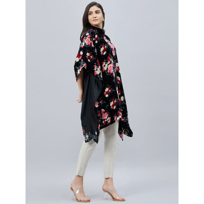 First Resort by Ramola Bachchan Black and Red Floral Crystal Studded Silk Velvet Tunic
