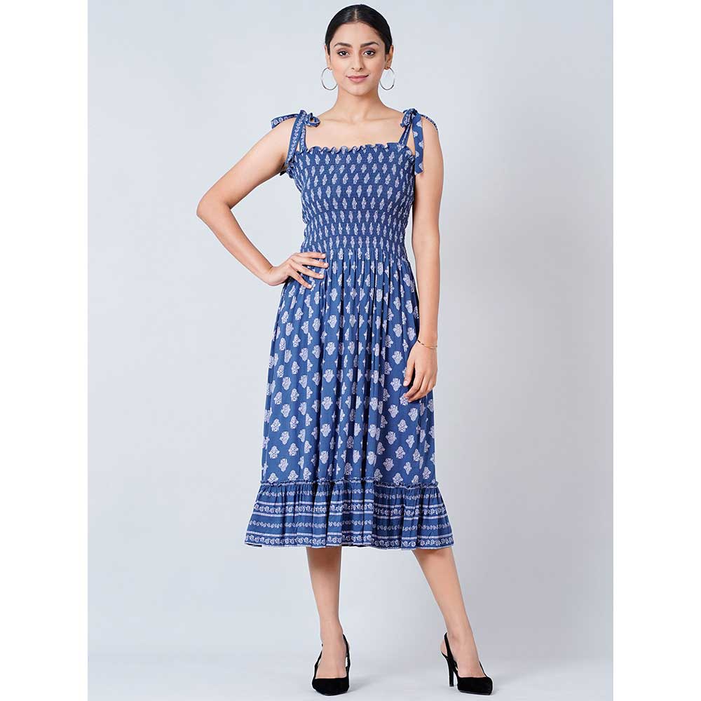 First Resort by Ramola Bachchan Blue Midi Smocked Sundress