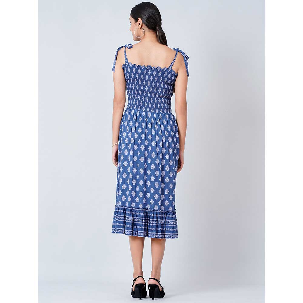 First Resort by Ramola Bachchan Blue Midi Smocked Sundress