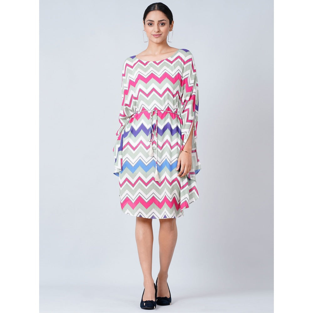 First Resort by Ramola Bachchan Pink and Blue Chevron Midi Dress With Belt (Set of 2)
