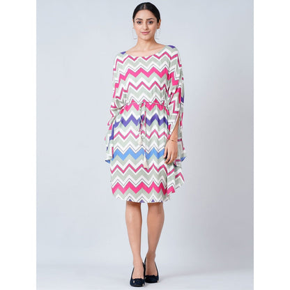First Resort by Ramola Bachchan Pink and Blue Chevron Midi Dress With Belt (Set of 2)