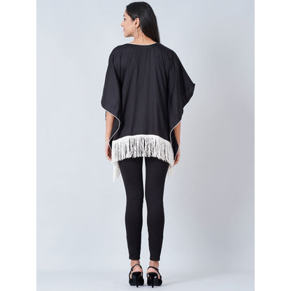 First Resort by Ramola Bachchan Black Kaftan Top with White Fringe