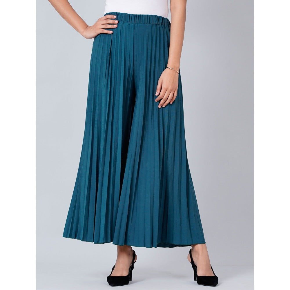 First Resort by Ramola Bachchan Teal Blue Wide Leg Pleated Palazzo
