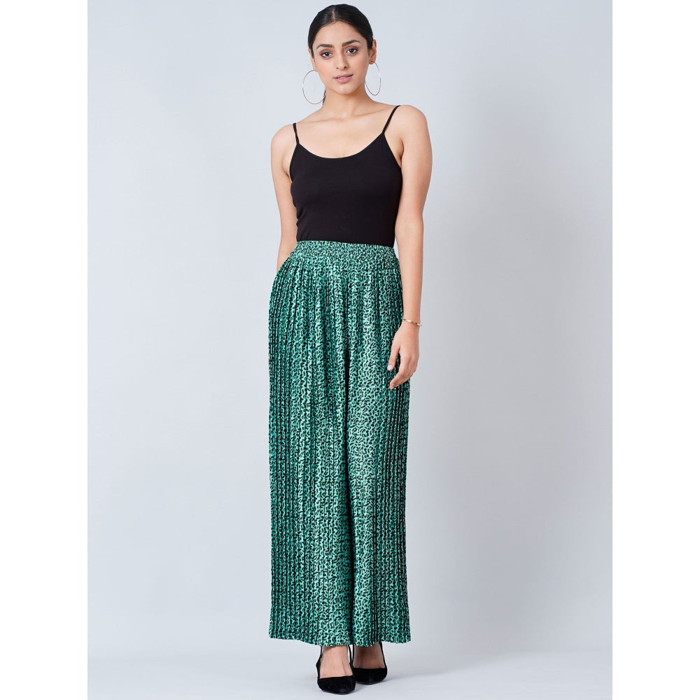 First Resort by Ramola Bachchan Teal Animal Print Pleated Palazzo