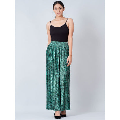 First Resort by Ramola Bachchan Teal Animal Print Pleated Palazzo