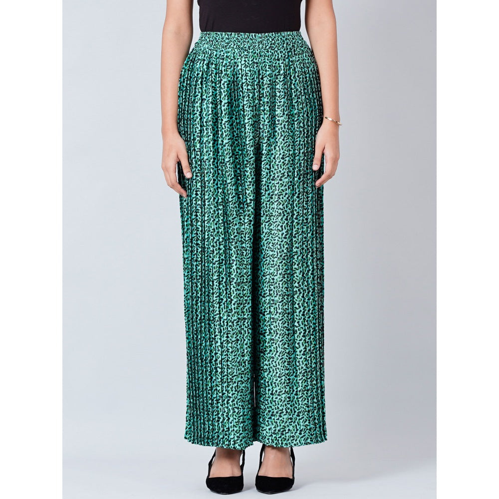 First Resort by Ramola Bachchan Teal Animal Print Pleated Palazzo