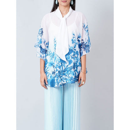 First Resort by Ramola Bachchan Blue Floral Top and Pleated Palazzo (Set of 2)