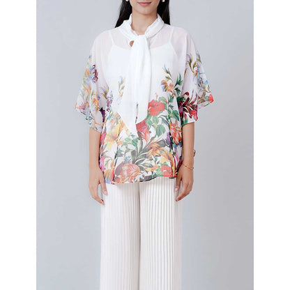 First Resort by Ramola Bachchan White Floral Top and Pleated Palazzo (Set of 2)