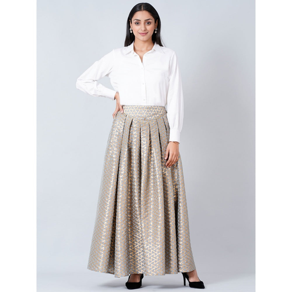 First Resort by Ramola Bachchan Grey Brocade Skirt and White Cotton Shirt (Set of 2)