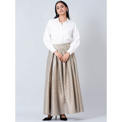 First Resort by Ramola Bachchan Grey Brocade Skirt and White Cotton Shirt (Set of 2)