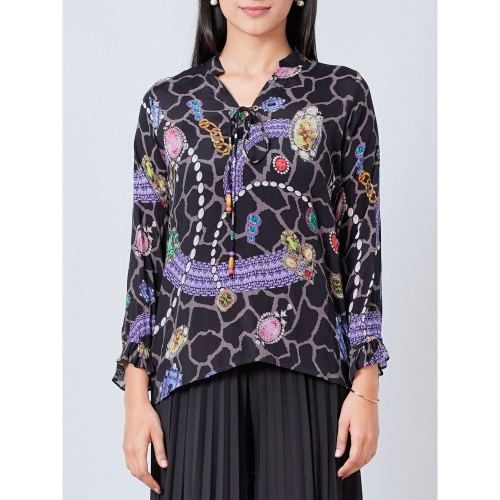 First Resort by Ramola Bachchan Black Jewel Print Lace-Up Top