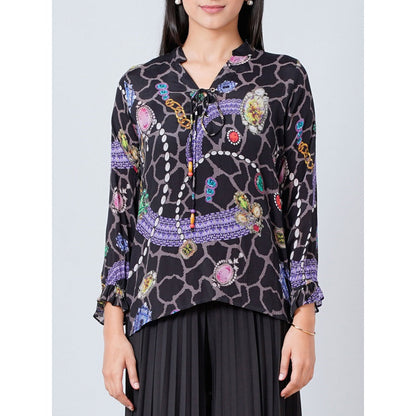 First Resort by Ramola Bachchan Black Jewel Print Lace-Up Top