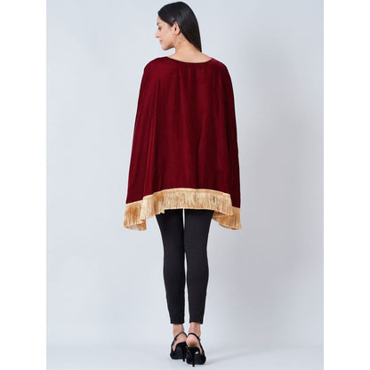First Resort by Ramola Bachchan Maroon Floral Sequinned Velvet Poncho with Golden Fringe