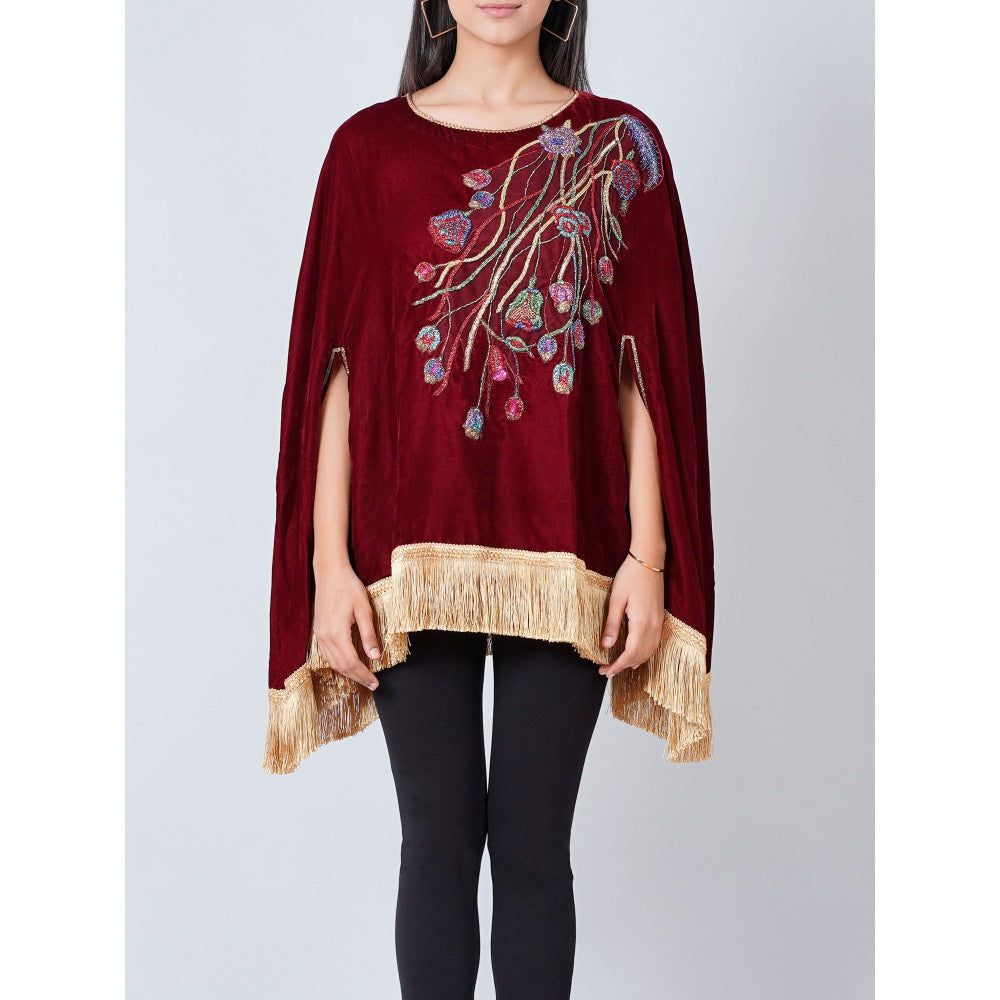 First Resort by Ramola Bachchan Maroon Floral Sequinned Velvet Poncho with Golden Fringe