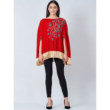 First Resort by Ramola Bachchan Red Floral Sequinned Velvet Poncho with Golden Fringe