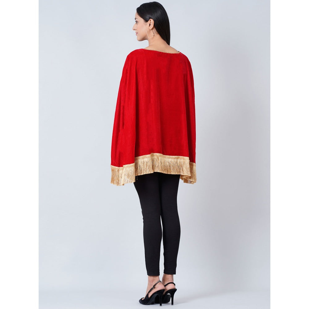 First Resort by Ramola Bachchan Red Floral Sequinned Velvet Poncho with Golden Fringe