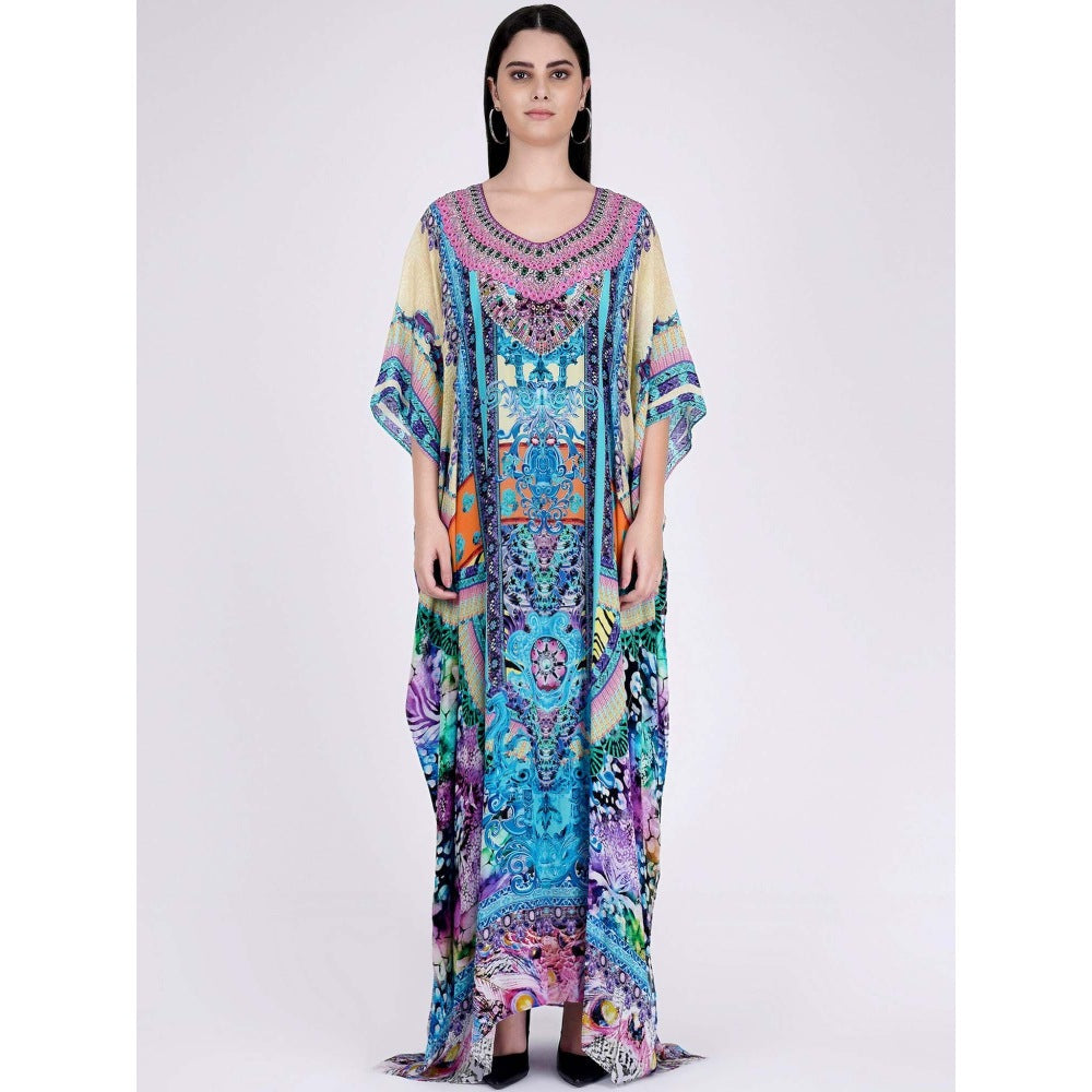 First Resort by Ramola Bachchan Blue And Pink Abstract Embellished Silk Full Length Kaftan