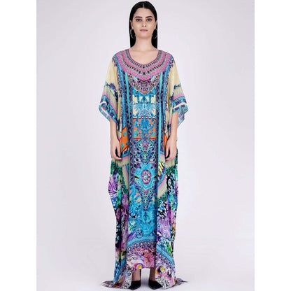 First Resort by Ramola Bachchan Blue And Pink Abstract Embellished Silk Full Length Kaftan