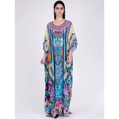 First Resort by Ramola Bachchan Blue And Pink Abstract Embellished Silk Full Length Kaftan