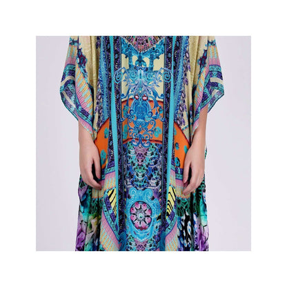 First Resort by Ramola Bachchan Blue And Pink Abstract Embellished Silk Full Length Kaftan