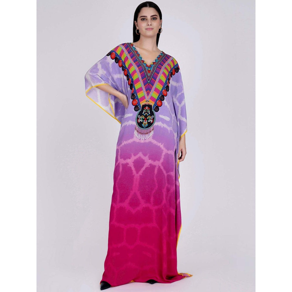 First Resort by Ramola Bachchan Mauve And Fuchsia Print Embellished Silk Full Length Kaftan