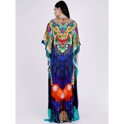 First Resort by Ramola Bachchan Yellow And Blue Tribal Embellished Silk Full Length Kaftan