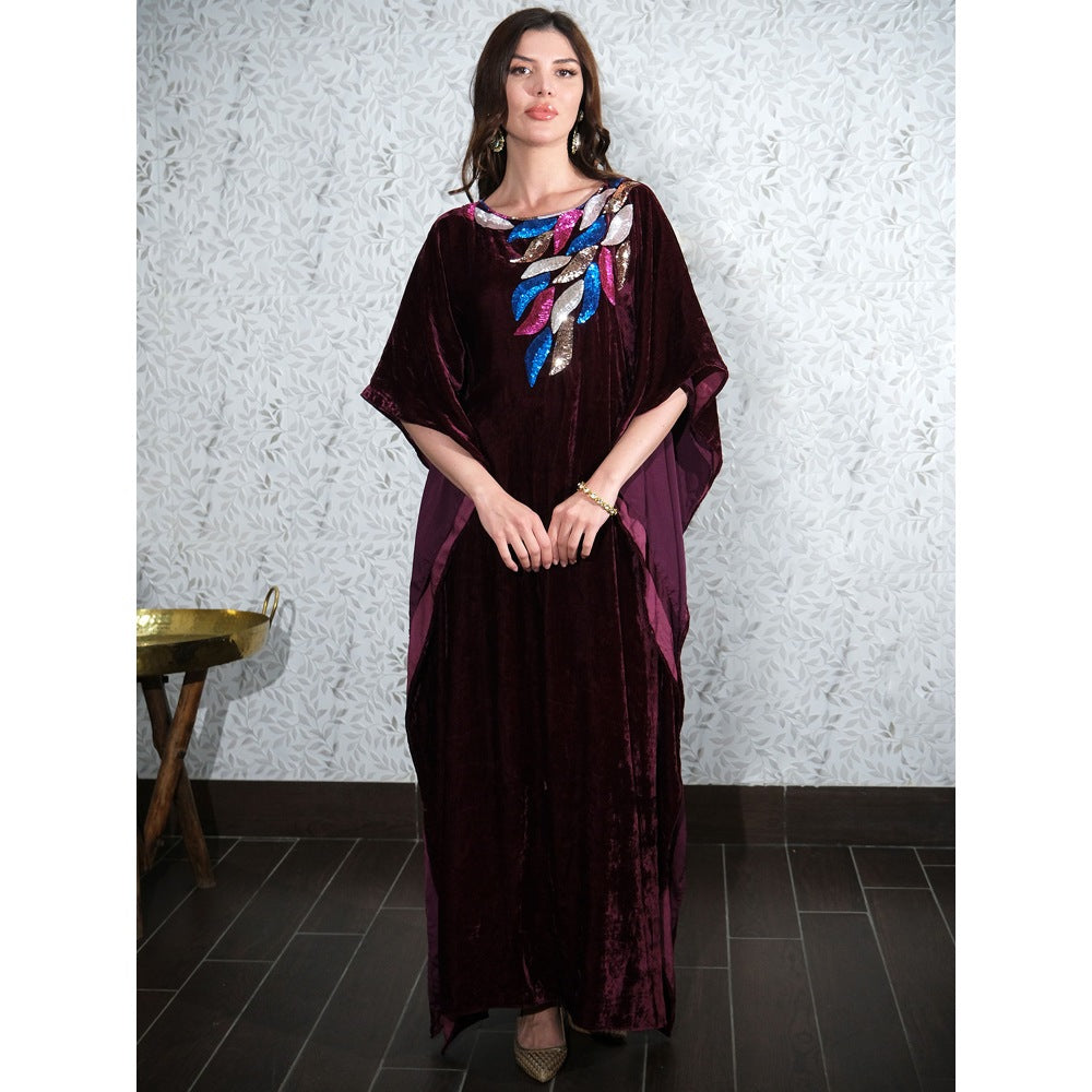 First Resort by Ramola Bachchan Wine Embroidered Silk Velvet Full Length Kaftan
