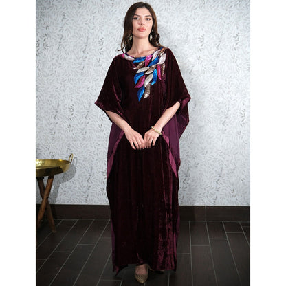First Resort by Ramola Bachchan Wine Embroidered Silk Velvet Full Length Kaftan