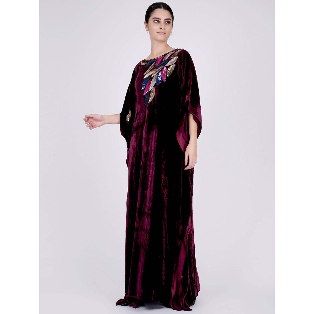 First Resort by Ramola Bachchan Wine Embroidered Silk Velvet Full Length Kaftan