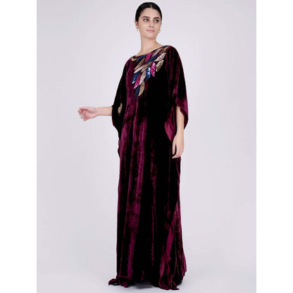 First Resort by Ramola Bachchan Wine Embroidered Silk Velvet Full Length Kaftan
