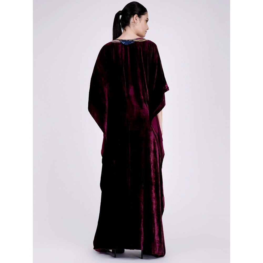 First Resort by Ramola Bachchan Wine Embroidered Silk Velvet Full Length Kaftan