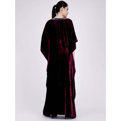 First Resort by Ramola Bachchan Wine Embroidered Silk Velvet Full Length Kaftan