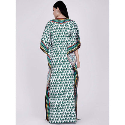 First Resort by Ramola Bachchan Green And White Triangle Geometric Print Full Length Kaftan