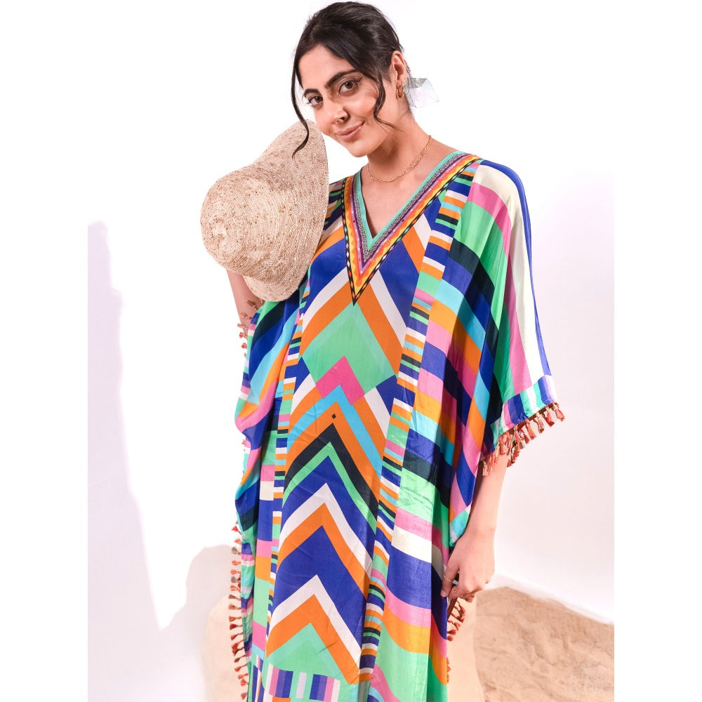 First Resort by Ramola Bachchan Blue And Orange Striped Mid Length Kaftan