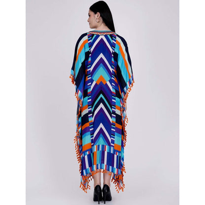 First Resort by Ramola Bachchan Blue And Orange Striped Mid Length Kaftan