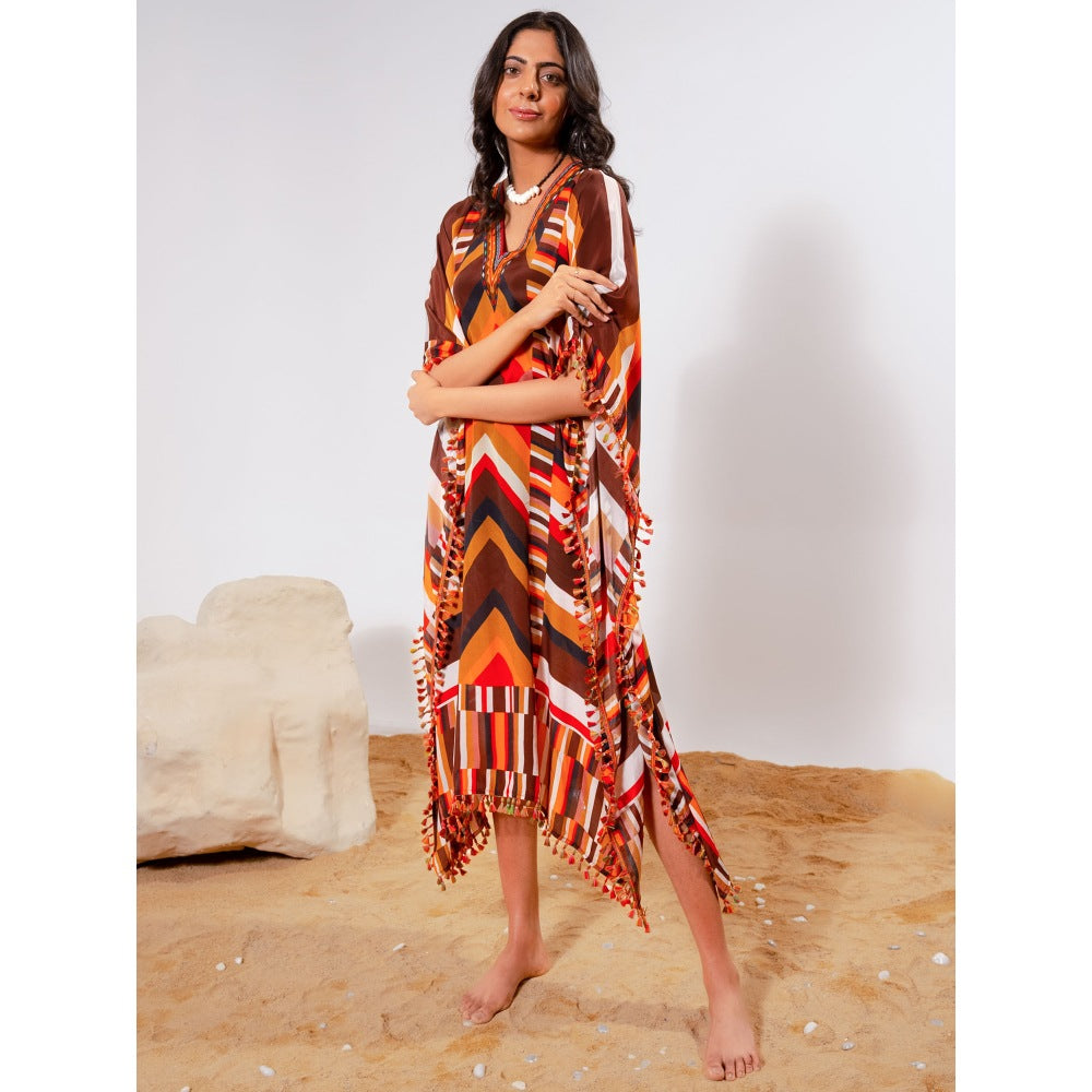 First Resort by Ramola Bachchan Brown And Orange Striped Mid Length Kaftan