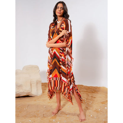 First Resort by Ramola Bachchan Brown And Orange Striped Mid Length Kaftan