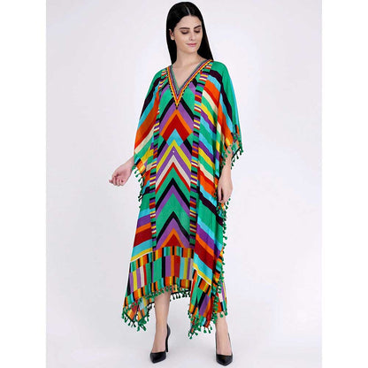 First Resort by Ramola Bachchan Green and Cyan Striped Mid Length Kaftan