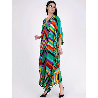 First Resort by Ramola Bachchan Green and Cyan Striped Mid Length Kaftan