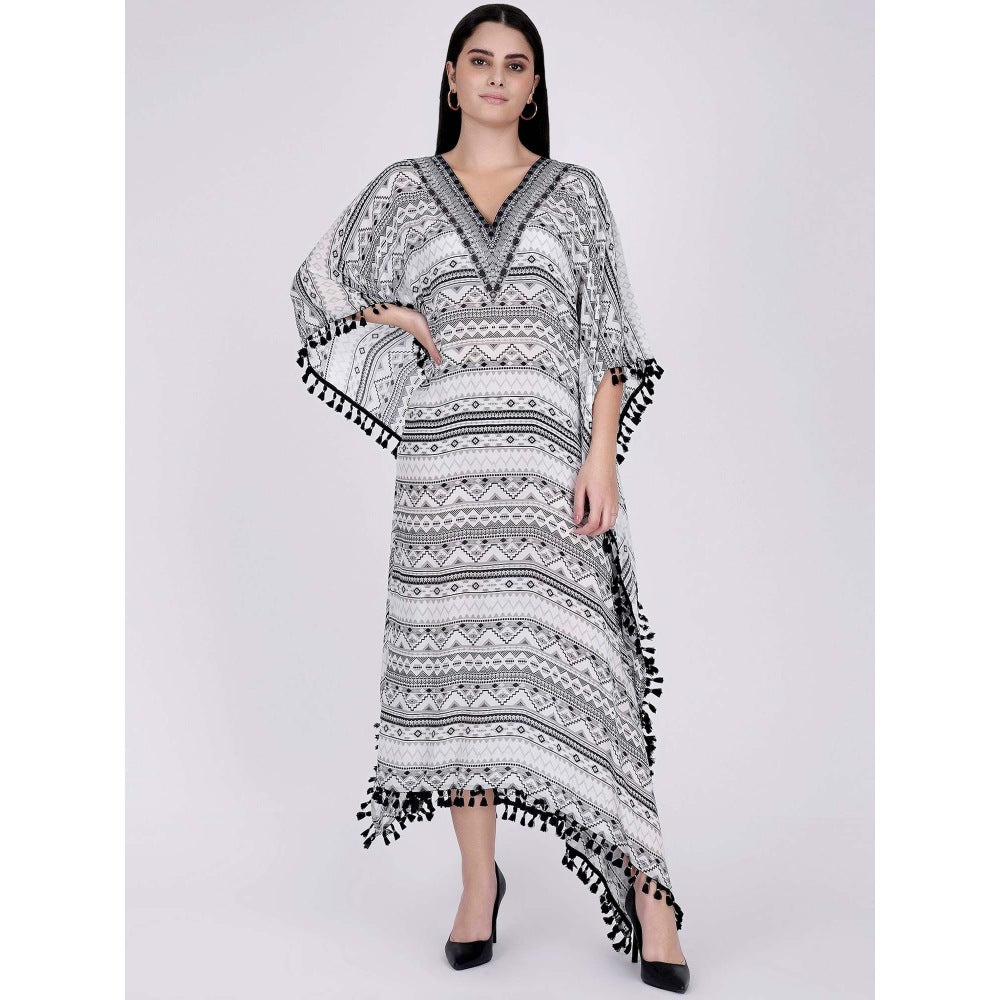 First Resort by Ramola Bachchan White And Grey Aztec Mid Length Kaftan