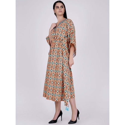 First Resort by Ramola Bachchan Melon Orange Moroccan Print Mid Length Kaftan